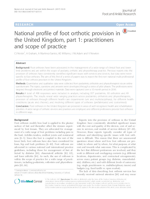National profile of foot orthotic provision in the United Kingdom, part 1 : practitioners and scope of practice. Thumbnail