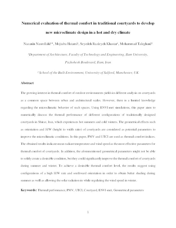 Numerical evaluation of thermal comfort in traditional courtyards to develop new microclimate design in a hot and dry climate Thumbnail
