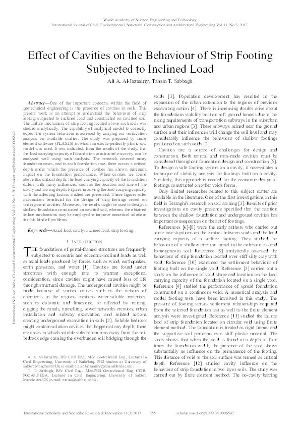 Effect of cavities on the behaviour of strip footing subjected to inclined load Thumbnail