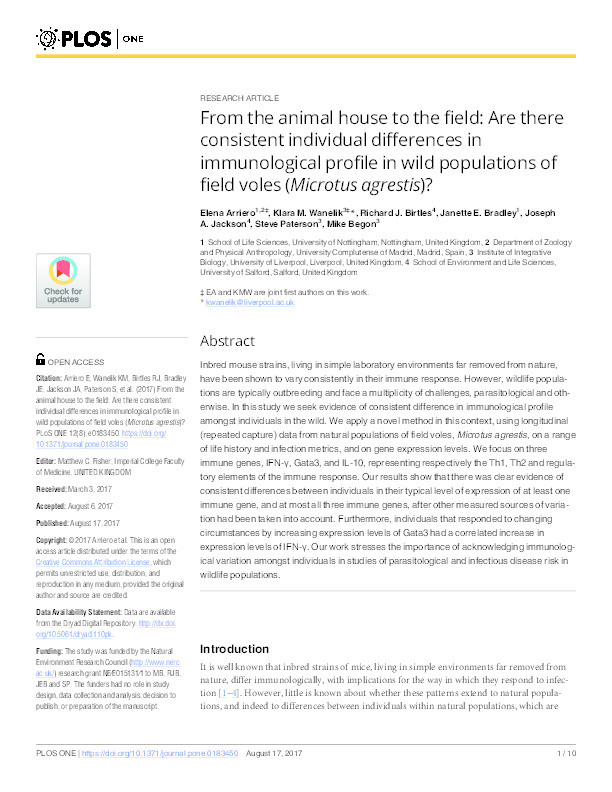 From the animal house to the field : are there consistent individual differences in immunological profile in wild populations of field voles (Microtus agrestis)? Thumbnail