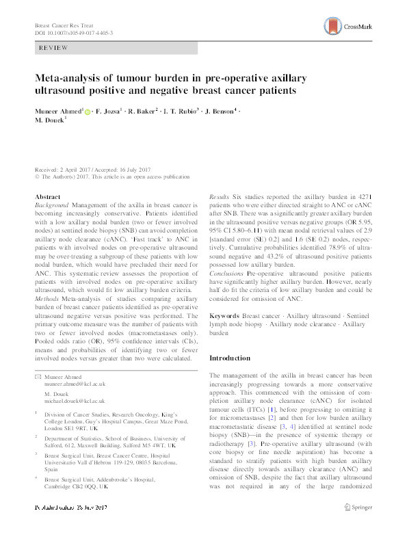 Meta-analysis of tumour burden in pre-operative axillary ultrasound positive and negative breast cancer patients Thumbnail