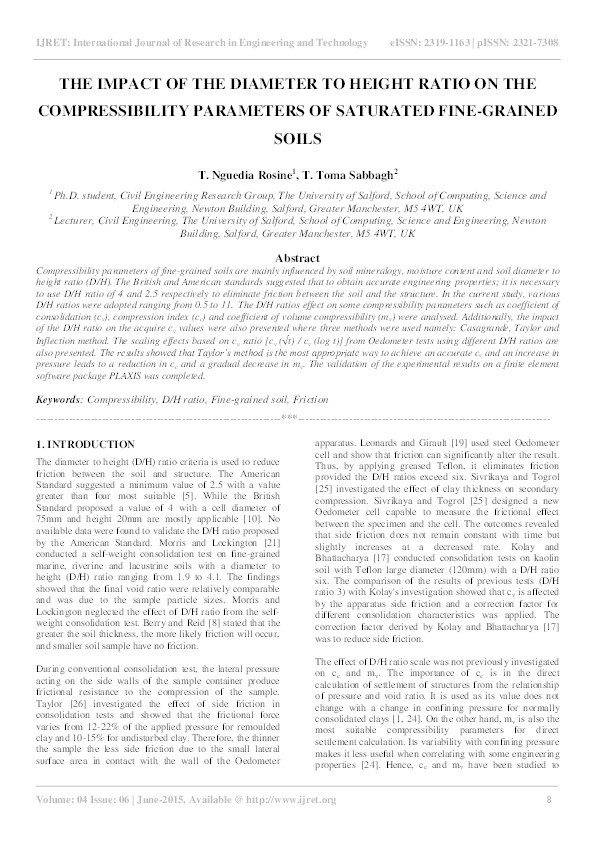 The impact of the diameter to height ratio on the compressibility parameters of saturated fine-grained soils Thumbnail