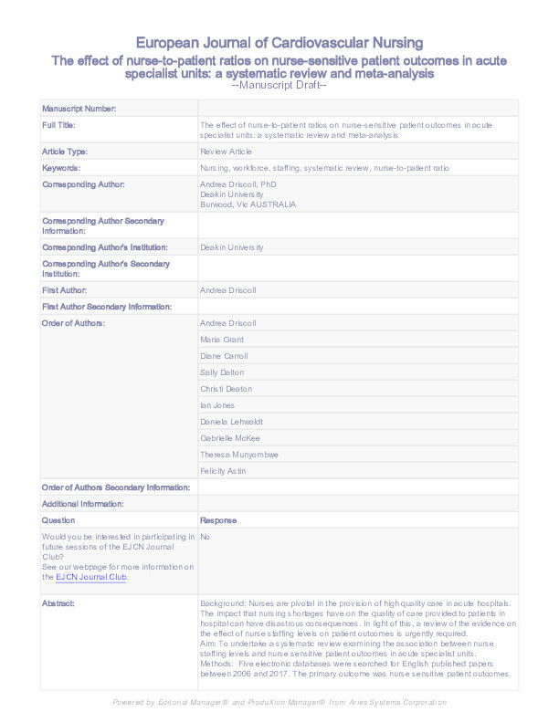 The effect of nurse-to-patient ratios on nurse-sensitive patient outcomes in acute specialist units : a systematic review and meta-analysis Thumbnail