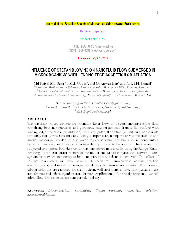 Influence of Stefan blowing on nanofluid flow submerged in microorganisms with leading edge accretion or ablation Thumbnail