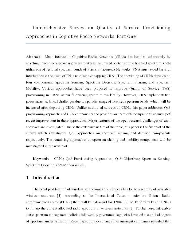 Comprehensive survey on quality of service provisioning approaches in cognitive radio networks : part one Thumbnail