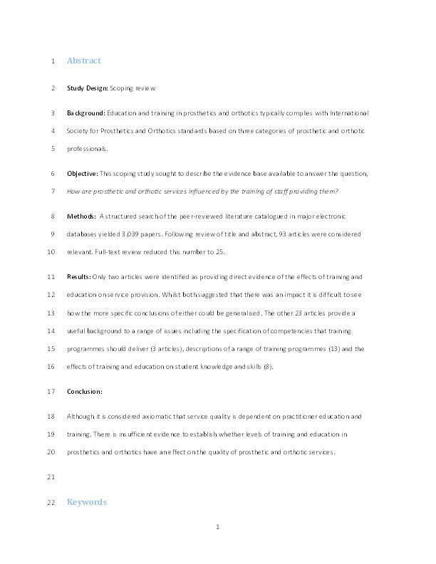 The influence of staff training and education on prosthetic and orthotic service quality : a scoping review Thumbnail