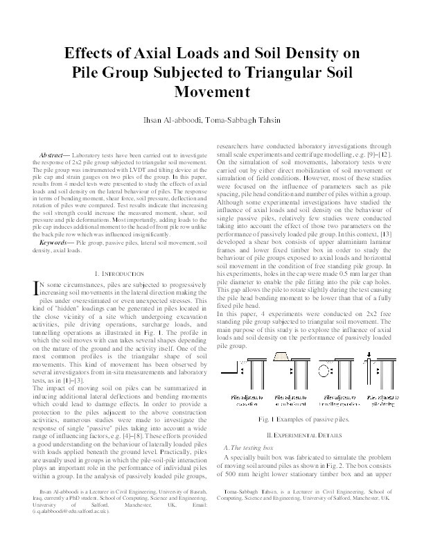 Effects of axial loads and soil density on pile group subjected to triangular soil movement Thumbnail