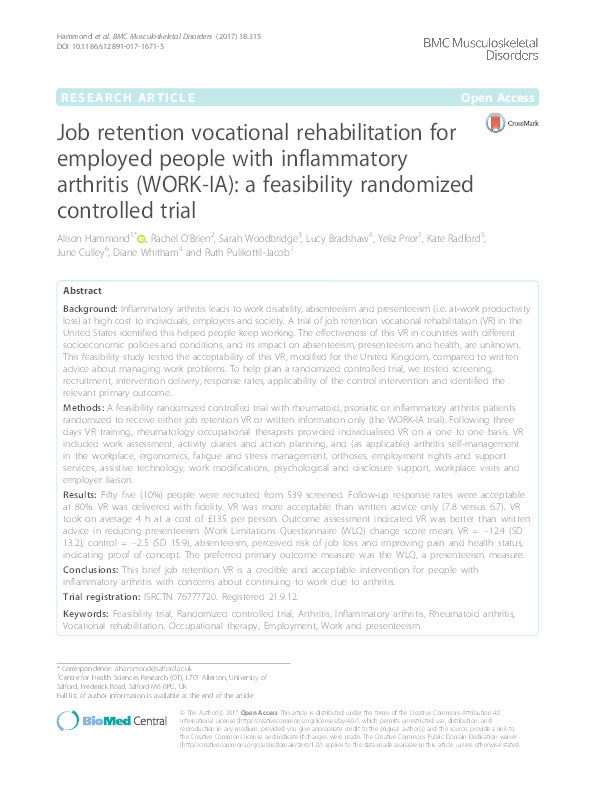 Job retention vocational rehabilitation for
employed people with inflammatory
arthritis (WORK-IA) : a feasibility randomized
controlled trial Thumbnail