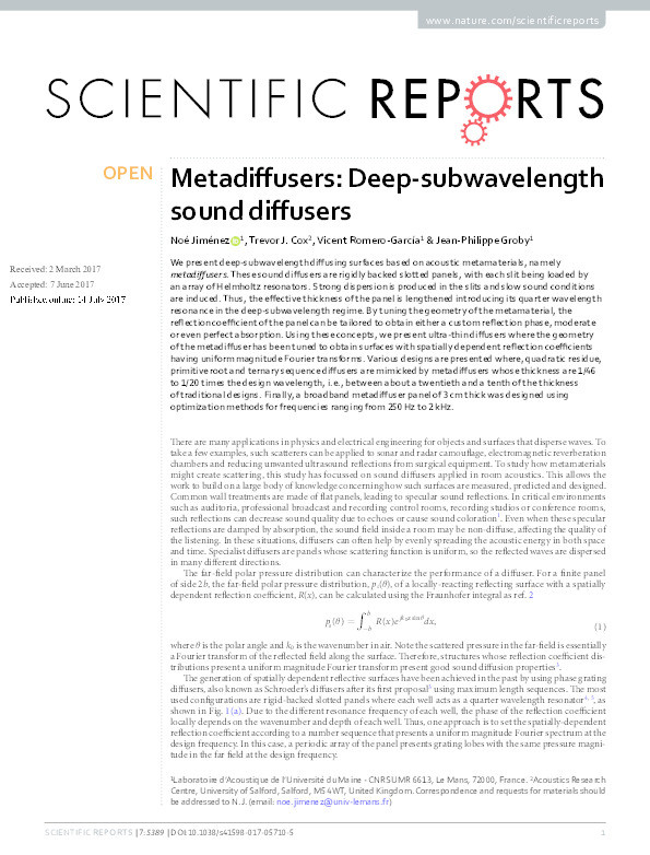 Metadiffusers : deep-subwavelength sound diffusers Thumbnail