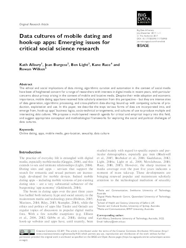 Data cultures of mobile dating and hook-up apps : emerging issues for critical social science research Thumbnail