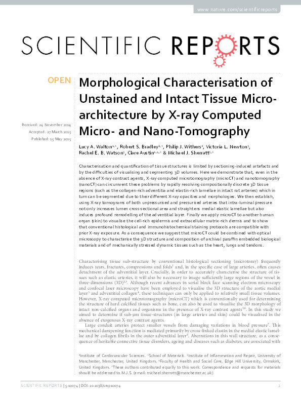 Morphological characterisation of unstained and intact tissue microarchitecture by x-ray computed micro- and nano-tomography Thumbnail