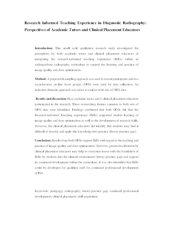 Research informed teaching experience in diagnostic radiography : the perspectives of academic tutors and clinical placement educators Thumbnail