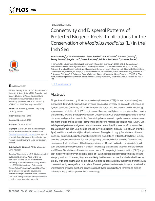 Connectivity and dispersal patterns of protected biogenic reefs : implications for the conservation of Modiolus modiolus (L.) in the Irish Sea Thumbnail