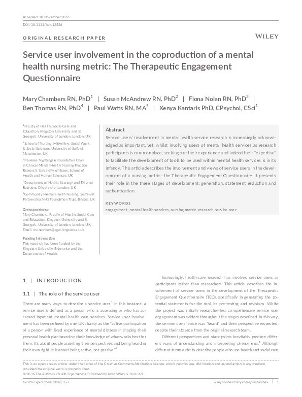 Service user involvement in the co-production of a mental health nursing metric : the therapeutic engagement questionnaire Thumbnail
