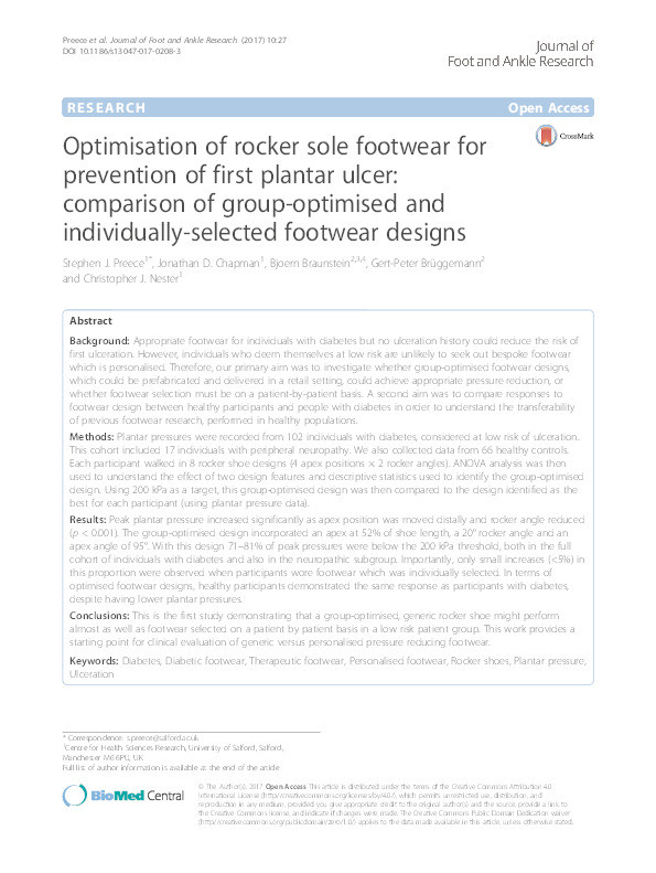 Optimisation of rocker sole footwear for prevention of first plantar ulcer : comparison of group-optimised and individually-selected footwear designs Thumbnail