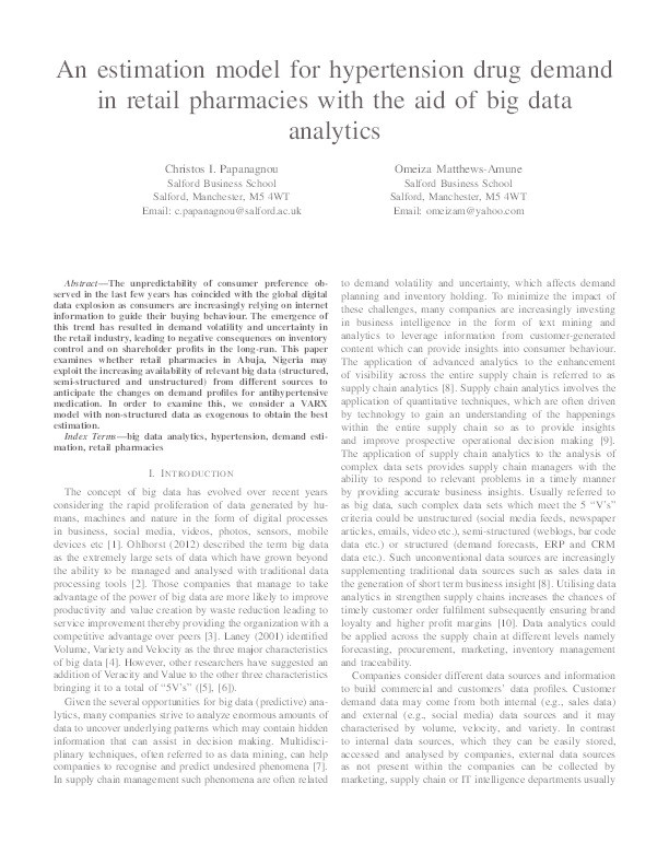 An estimation model for hypertension drug demand in retail pharmacies with the aid of big data analytics Thumbnail