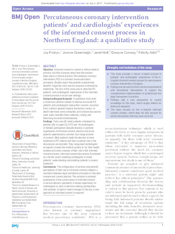 Percutaneous coronary intervention patients' and cardiologists' experiences of the informed consent process in Northern England : a qualitative study Thumbnail