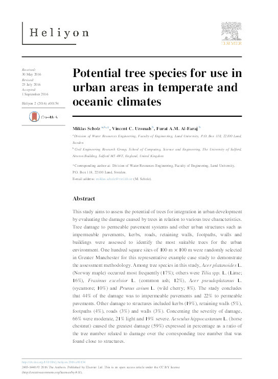 Potential tree species for use in urban areas in temperate and oceanic climates Thumbnail