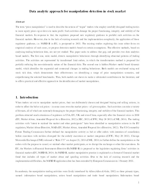 Data analytic approach for manipulation detection in stock market Thumbnail