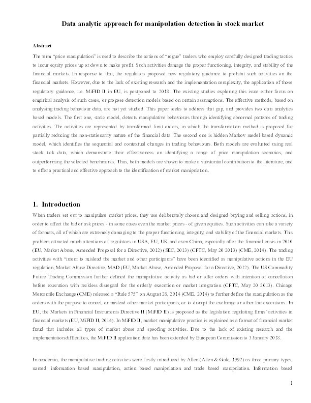 Data analytic approach for manipulation detection in stock market Thumbnail