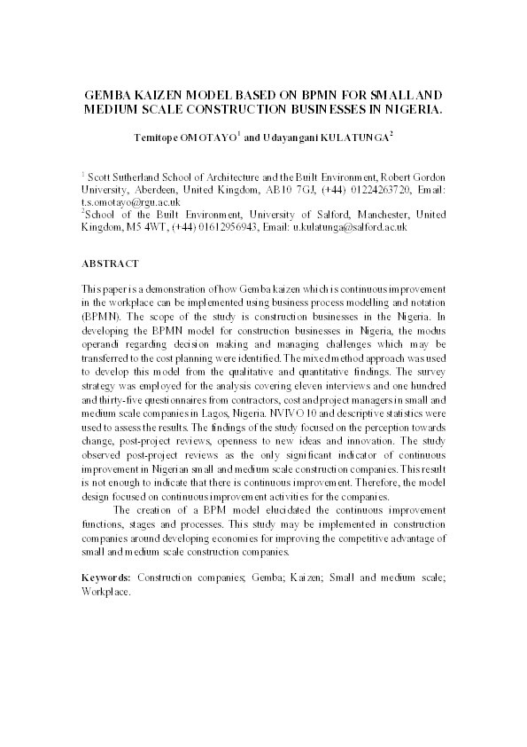Gemba kaizen model based on BPMN for small and medium scale construction businesses in Nigeria Thumbnail