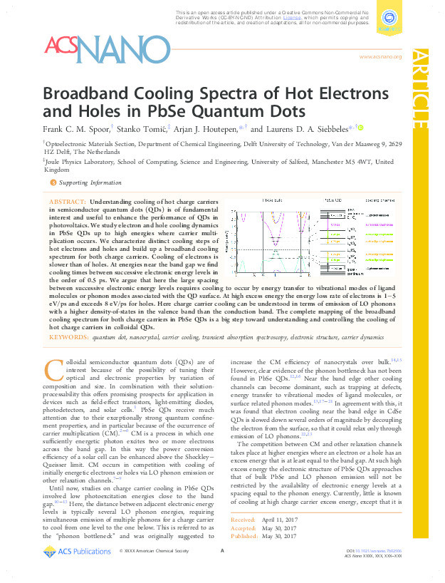 Broadband cooling spectra of hot electrons and holes in PbSe quantum dots Thumbnail