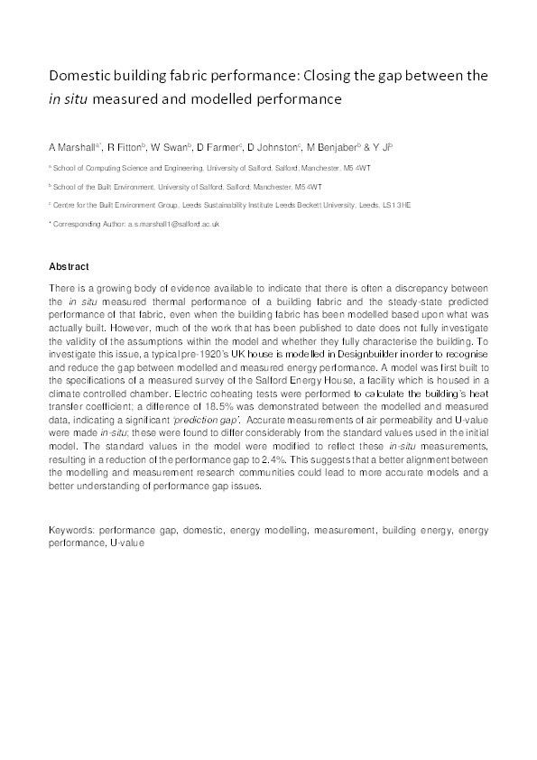 Domestic building fabric performance : closing the gap between the in situ measured and modelled performance Thumbnail
