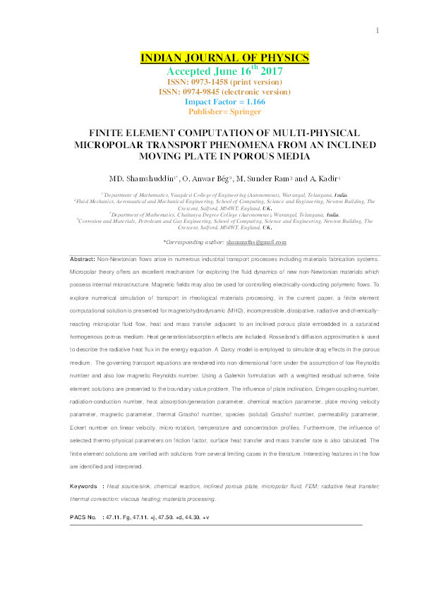 Finite element computation of multi-physical micropolar transport phenomena from an inclined moving plate in porous media Thumbnail