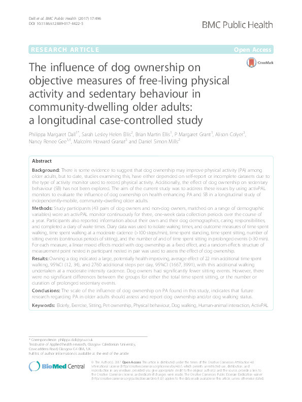 The influence of dog ownership on objective measures of free-living physical activity and sedentary behaviour in community-dwelling older adults : a longitudinal case-controlled study Thumbnail