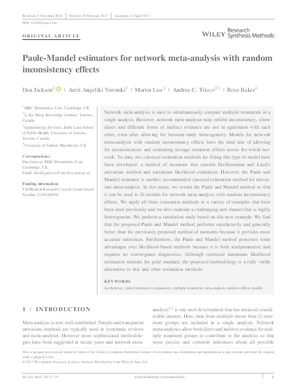 Paule-Mandel estimators for network meta-analysis with random inconsistency effects Thumbnail