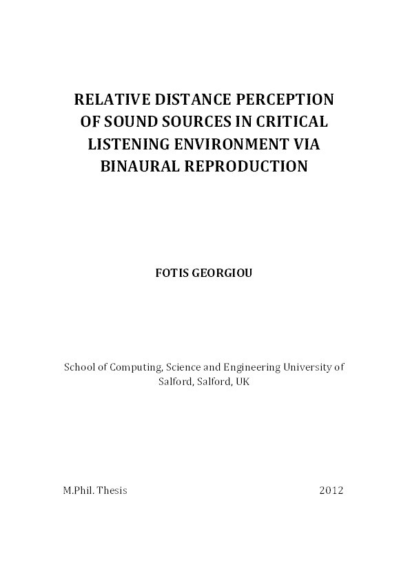 Relative distance perception of sound sources in critical listening environment via binaural reproduction Thumbnail