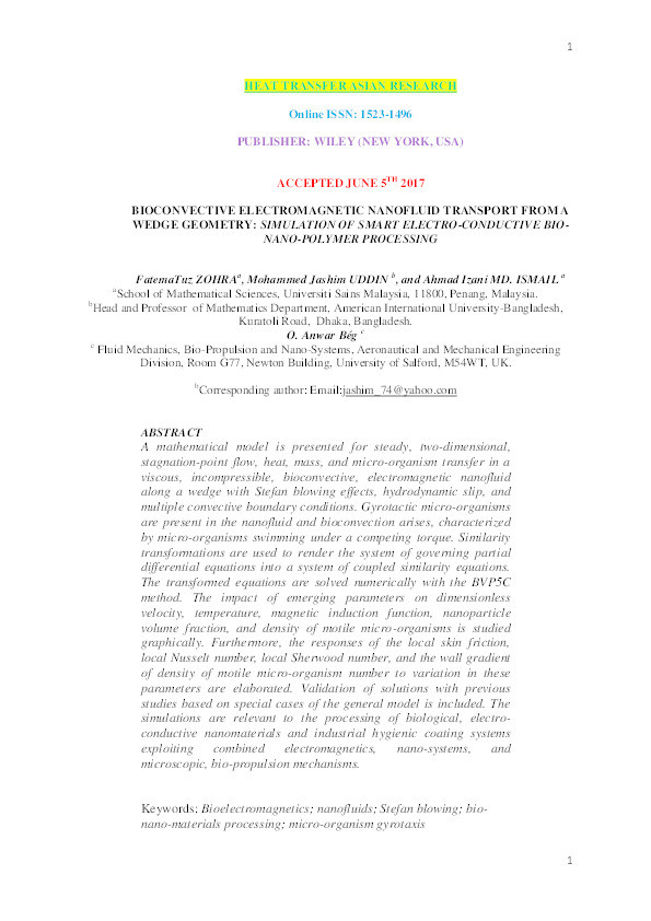 Bioconvective electromagnetic nanofluid transport from a wedge geometry : simulation of smart electro-conductive bio-nano-polymer processing Thumbnail