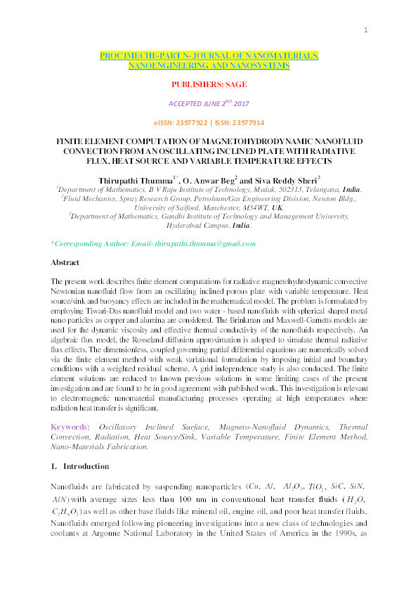 Finite element computation of magnetohydrodynamic nanofluid convection from an oscillating inclined plate with radiative flux, heat source and variable temperature effects Thumbnail