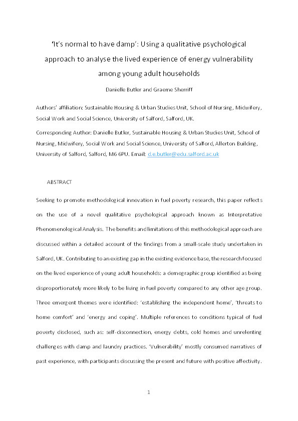 ‘It’s normal to have damp’ : using a qualitative psychological approach to analyse the lived experience of energy vulnerability among young adult households Thumbnail