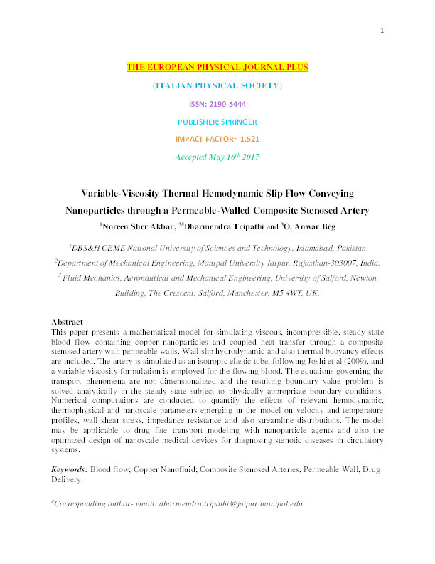 Variable-viscosity thermal hemodynamic slip flow conveying nanoparticles through a permeable-walled composite stenosed artery Thumbnail