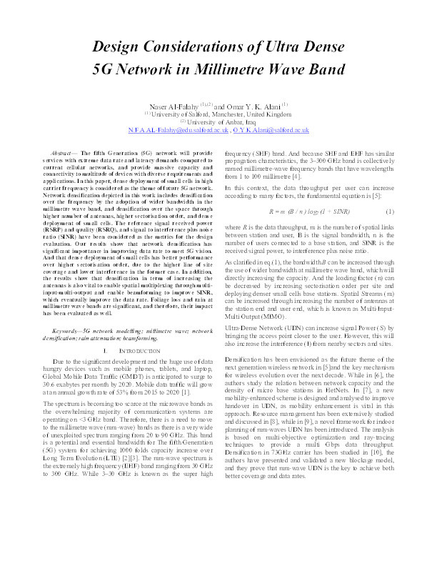 Design considerations of ultra dense 5G network in millimetre wave band Thumbnail