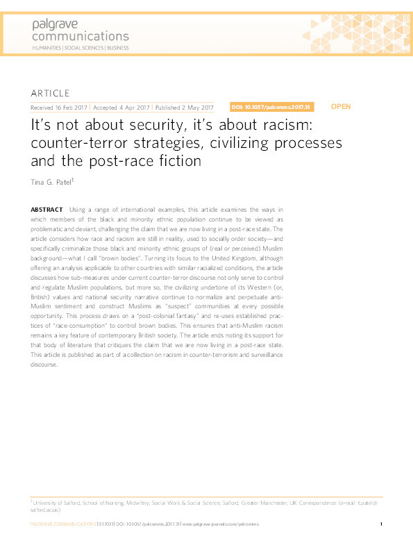 It’s not about security, it’s about racism : counter-terror strategies, civilizing processes and the post-race fiction Thumbnail