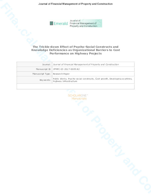 The trickle-down effect of psycho-social constructs and knowledge deficiencies as organizational barriers to cost performance on highway projects Thumbnail