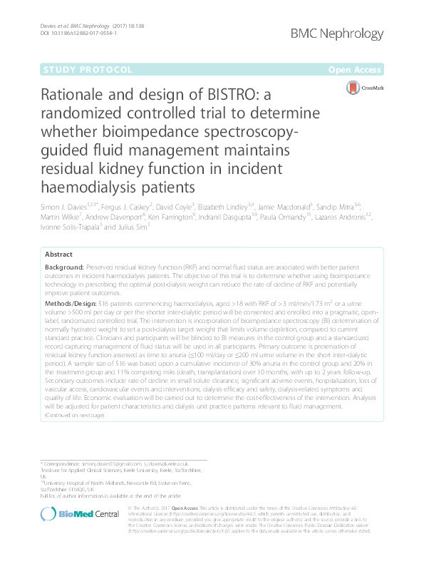 Rationale and design of BISTRO: a randomized controlled trial to determine whether bioimpedance spectroscopy guided fluid management maintains residual kidney function in incident haemodialysis patients Thumbnail
