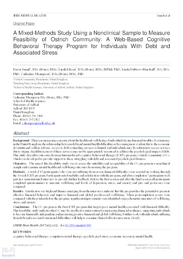 A mixed-methods study using a nonclinical sample to measure feasibility of ostrich community : a web-based cognitive behavioral therapy program for individuals with debt and associated stress Thumbnail