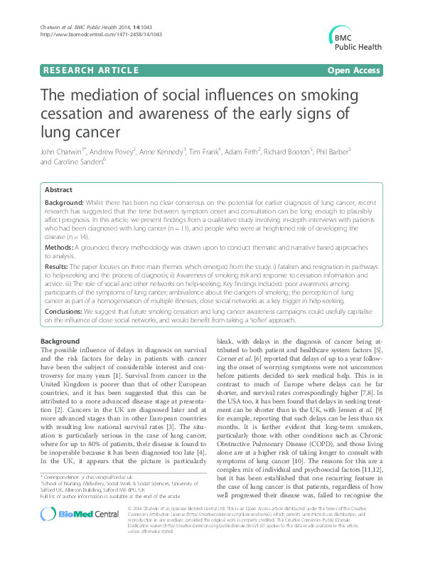 The mediation of social influences on smoking cessation and awareness of the early signs of lung cancer Thumbnail