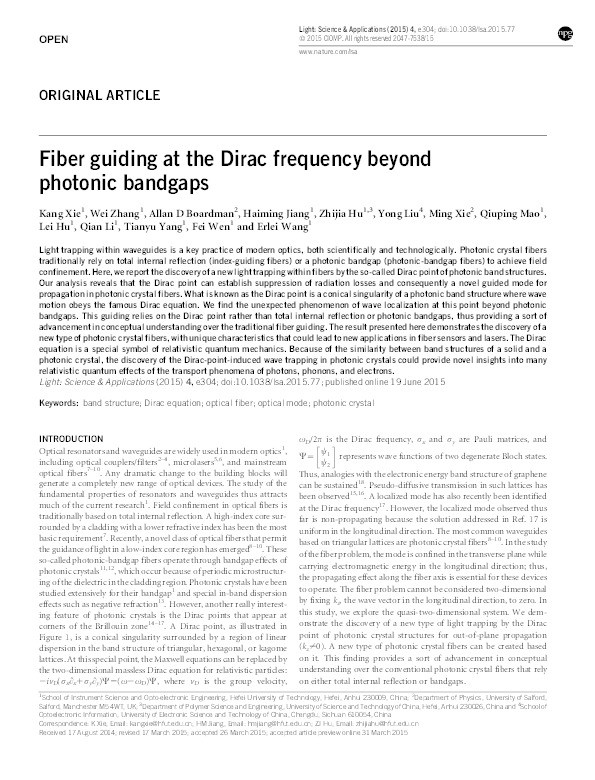 Fiber guiding at the Dirac frequency beyond photonic bandgaps Thumbnail