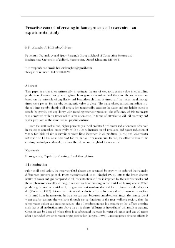 Proactive control of cresting in homogeneous oil reservoirs : an experimental study Thumbnail