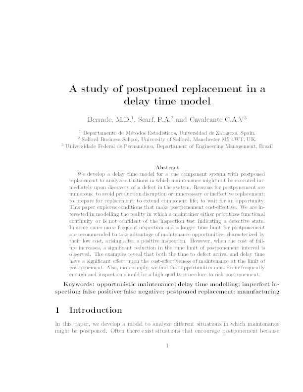 A study of postponed replacement in a delay time model Thumbnail