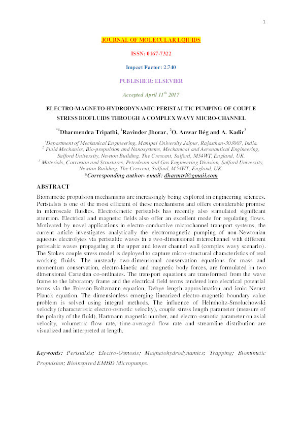 Electro-magneto-hydrodynamic peristaltic pumping of couple stress biofluids through a complex wavy micro-channel Thumbnail