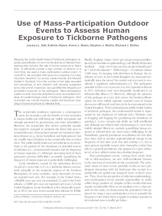 Use of mass-participation outdoor events to assess human exposure to tickborne pathogens Thumbnail