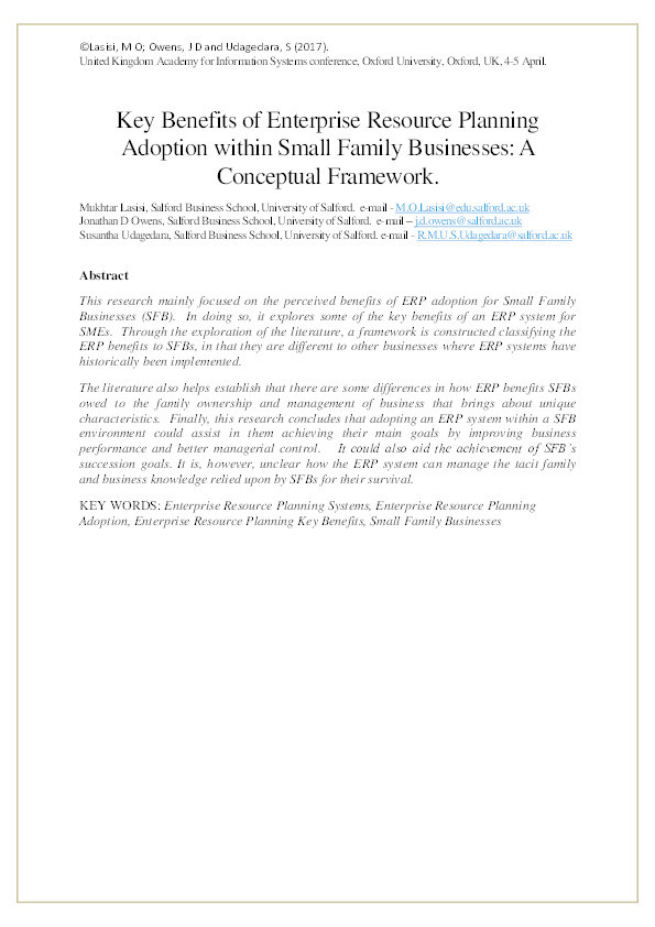 Key benefits of enterprise resource planning adoption within small family businesses : a conceptual framework Thumbnail