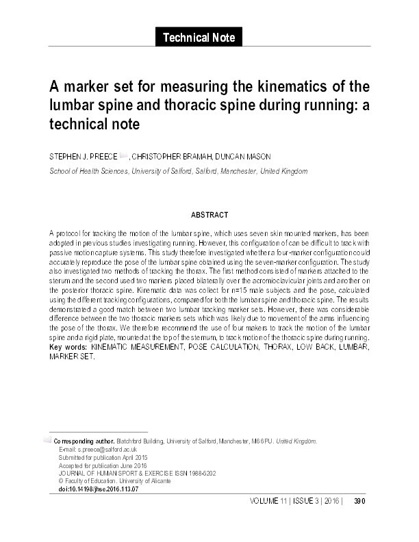 A marker set for measuring the kinematics of the lumbar spine and thoracic spine during running : a technical note Thumbnail