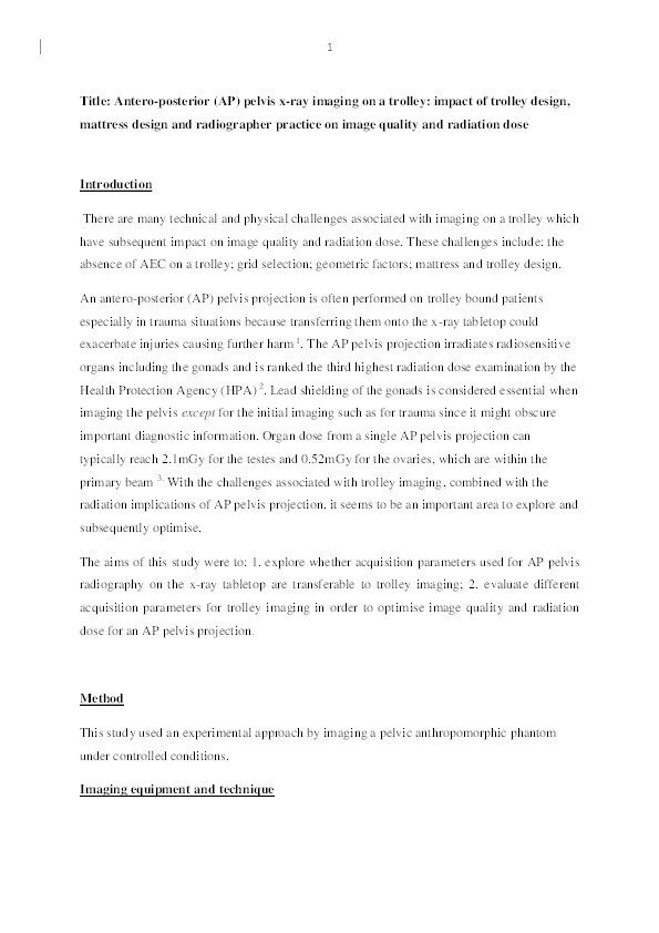 Antero-posterior (AP) pelvis x-ray imaging on a trolley : impact of trolley design, mattress design and radiographer practice on image quality and radiation dose Thumbnail