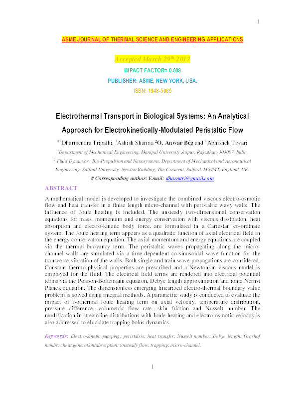 Electrothermal transport in biological systems : an analytical approach for electrokinetically-modulated peristaltic flow Thumbnail